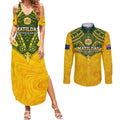 Custom Australia Matildas Couples Matching Summer Maxi Dress and Long Sleeve Button Shirt Polynesian Mix Gold Marble