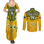 Custom Australia Matildas Couples Matching Summer Maxi Dress and Long Sleeve Button Shirt Polynesian Mix Gold Marble