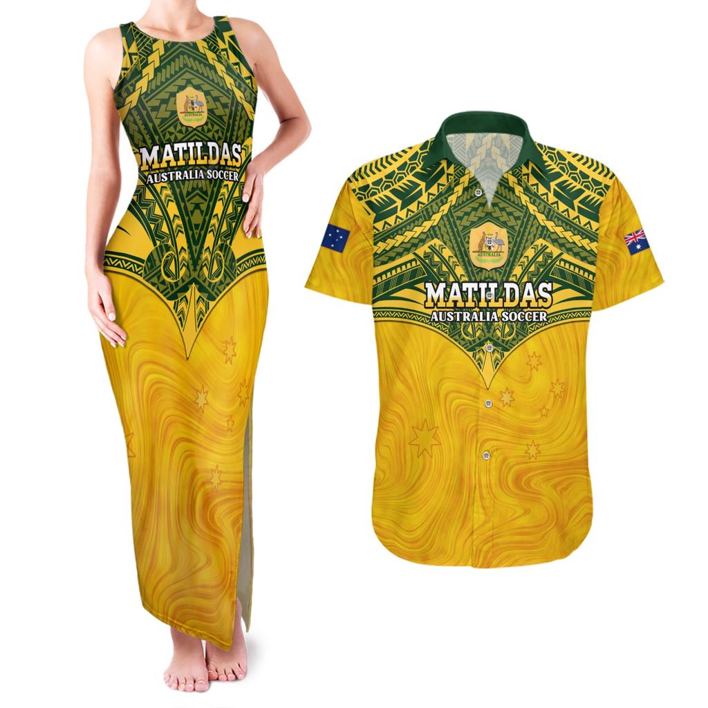Custom Australia Matildas Couples Matching Tank Maxi Dress and Hawaiian Shirt Polynesian Mix Gold Marble
