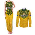 Custom Australia Matildas Couples Matching Tank Maxi Dress and Long Sleeve Button Shirt Polynesian Mix Gold Marble