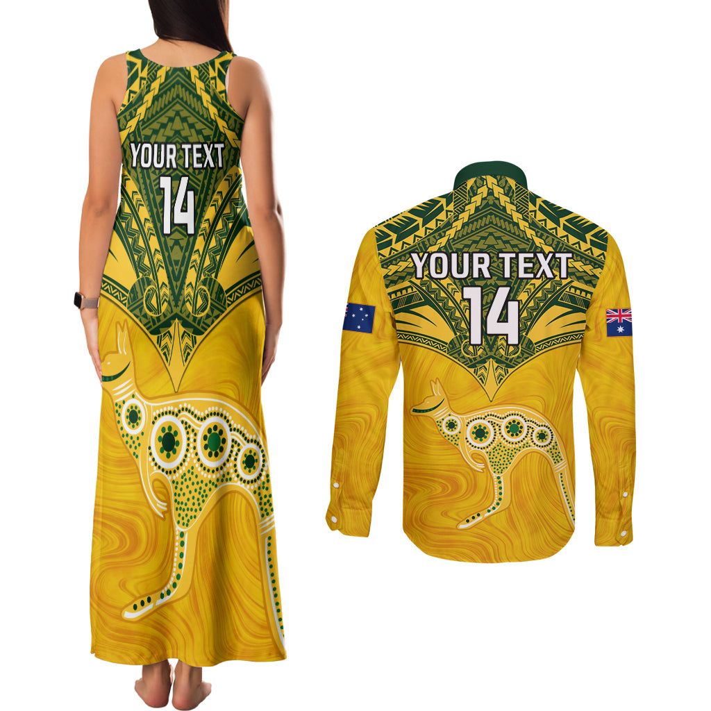 Custom Australia Matildas Couples Matching Tank Maxi Dress and Long Sleeve Button Shirt Polynesian Mix Gold Marble