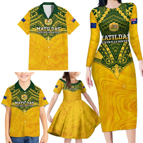 Custom Australia Matildas Family Matching Long Sleeve Bodycon Dress and Hawaiian Shirt Polynesian Mix Gold Marble