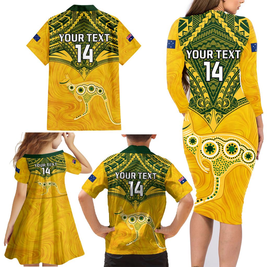 Custom Australia Matildas Family Matching Long Sleeve Bodycon Dress and Hawaiian Shirt Polynesian Mix Gold Marble