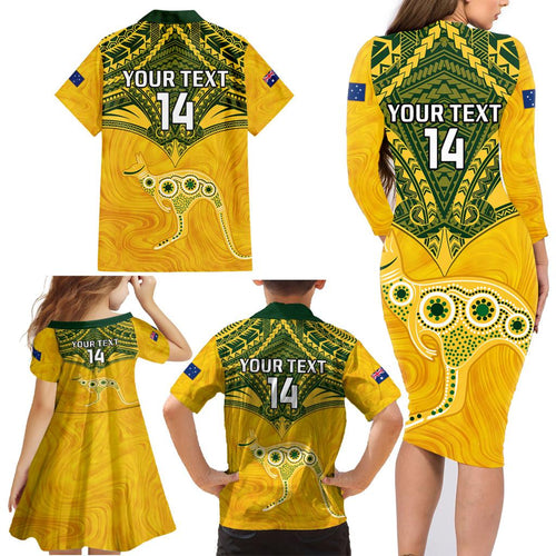 Custom Australia Matildas Family Matching Long Sleeve Bodycon Dress and Hawaiian Shirt Polynesian Mix Gold Marble