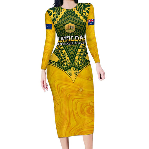 Custom Australia Matildas Family Matching Long Sleeve Bodycon Dress and Hawaiian Shirt Polynesian Mix Gold Marble