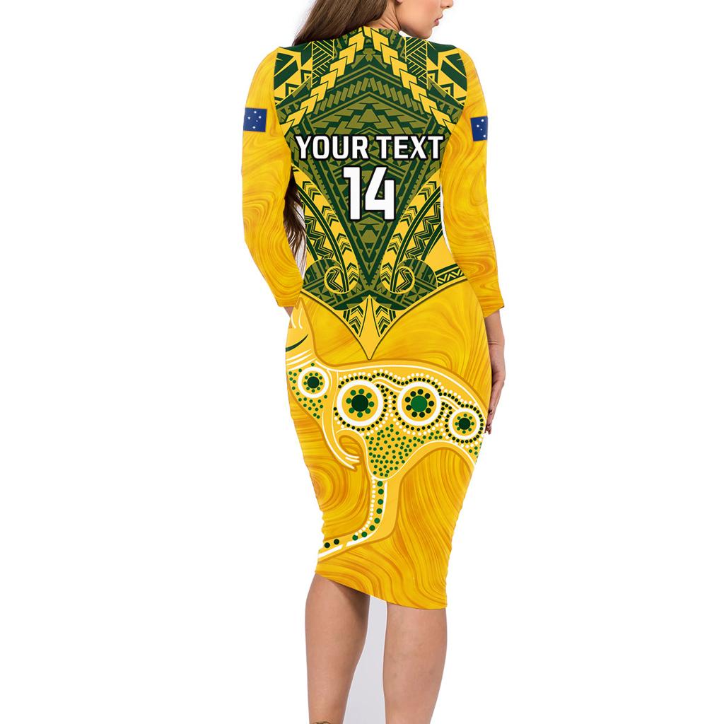 Custom Australia Matildas Family Matching Long Sleeve Bodycon Dress and Hawaiian Shirt Polynesian Mix Gold Marble