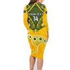 Custom Australia Matildas Family Matching Long Sleeve Bodycon Dress and Hawaiian Shirt Polynesian Mix Gold Marble