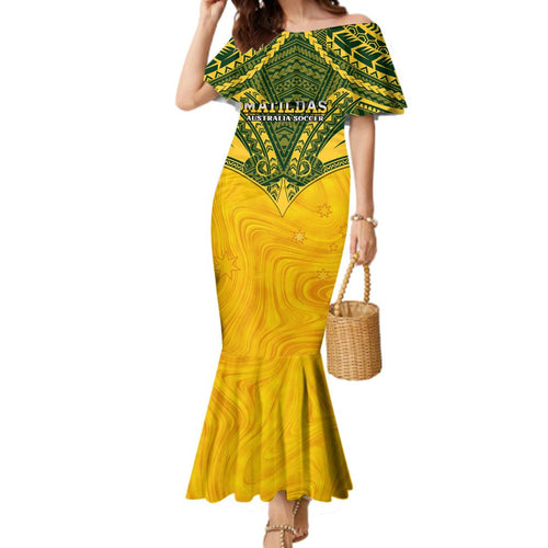 Custom Australia Matildas Family Matching Mermaid Dress and Hawaiian Shirt Polynesian Mix Gold Marble