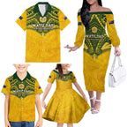 Custom Australia Matildas Family Matching Off Shoulder Long Sleeve Dress and Hawaiian Shirt Polynesian Mix Gold Marble