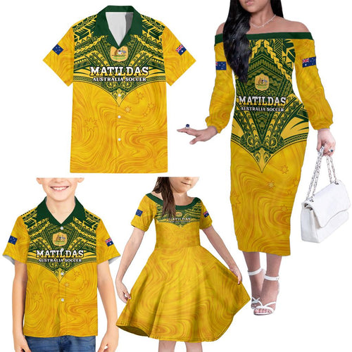 Custom Australia Matildas Family Matching Off Shoulder Long Sleeve Dress and Hawaiian Shirt Polynesian Mix Gold Marble