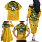 Custom Australia Matildas Family Matching Off Shoulder Long Sleeve Dress and Hawaiian Shirt Polynesian Mix Gold Marble
