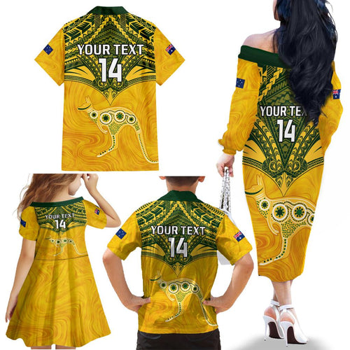 Custom Australia Matildas Family Matching Off Shoulder Long Sleeve Dress and Hawaiian Shirt Polynesian Mix Gold Marble