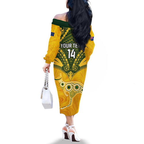 Custom Australia Matildas Family Matching Off Shoulder Long Sleeve Dress and Hawaiian Shirt Polynesian Mix Gold Marble