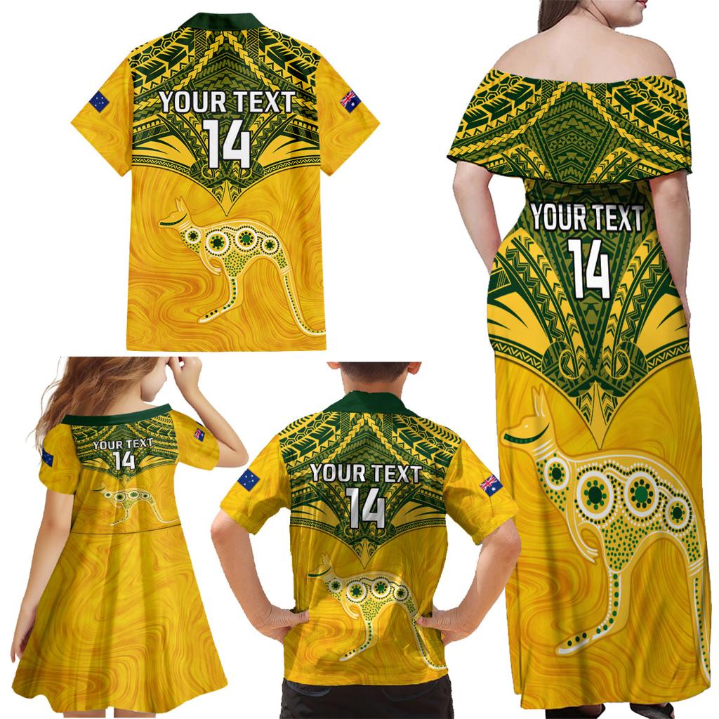 Custom Australia Matildas Family Matching Off Shoulder Maxi Dress and Hawaiian Shirt Polynesian Mix Gold Marble