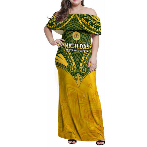 Custom Australia Matildas Family Matching Off Shoulder Maxi Dress and Hawaiian Shirt Polynesian Mix Gold Marble