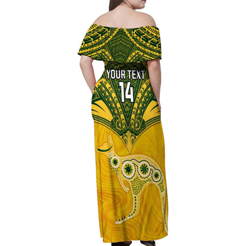 Custom Australia Matildas Family Matching Off Shoulder Maxi Dress and Hawaiian Shirt Polynesian Mix Gold Marble