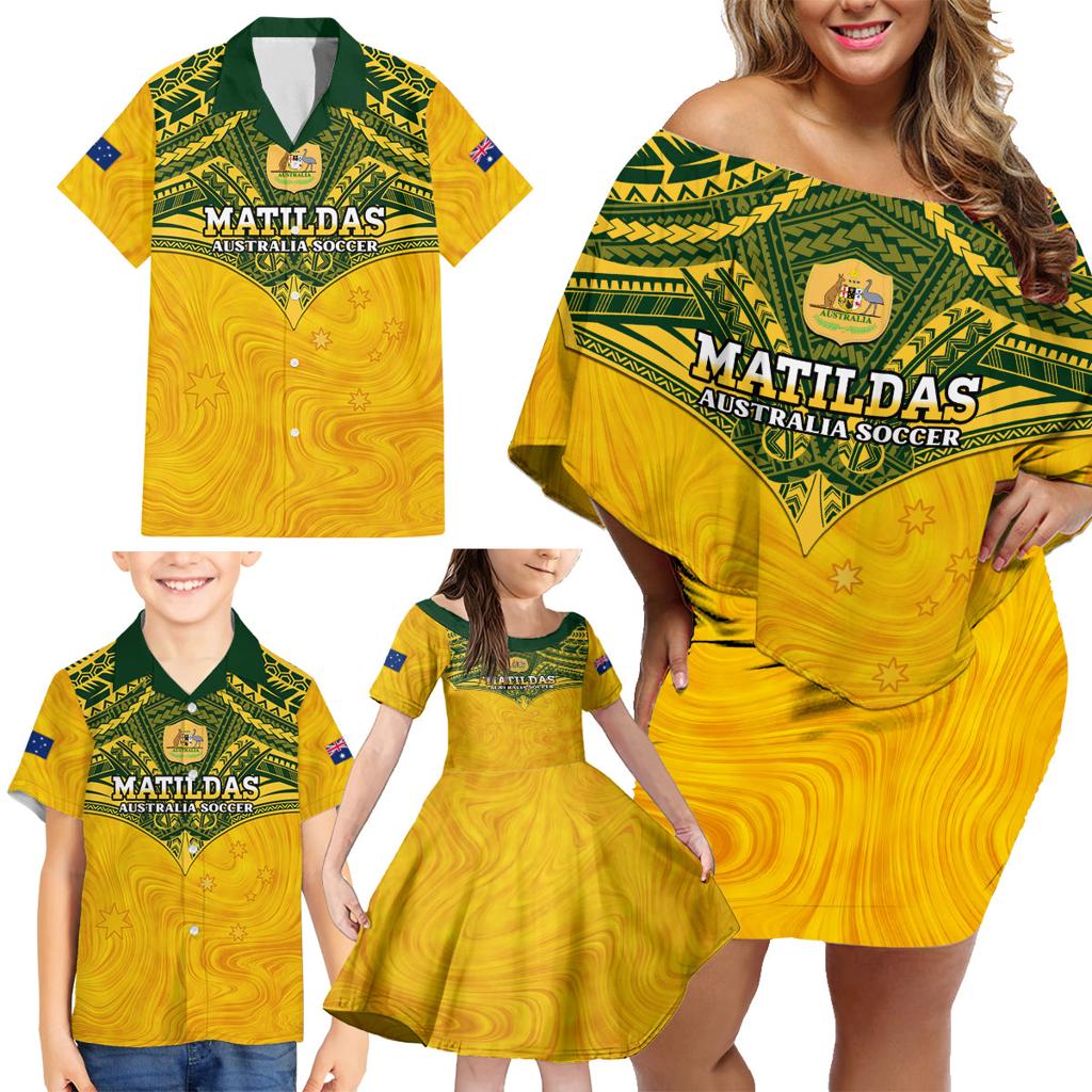 Custom Australia Matildas Family Matching Off Shoulder Short Dress and Hawaiian Shirt Polynesian Mix Gold Marble