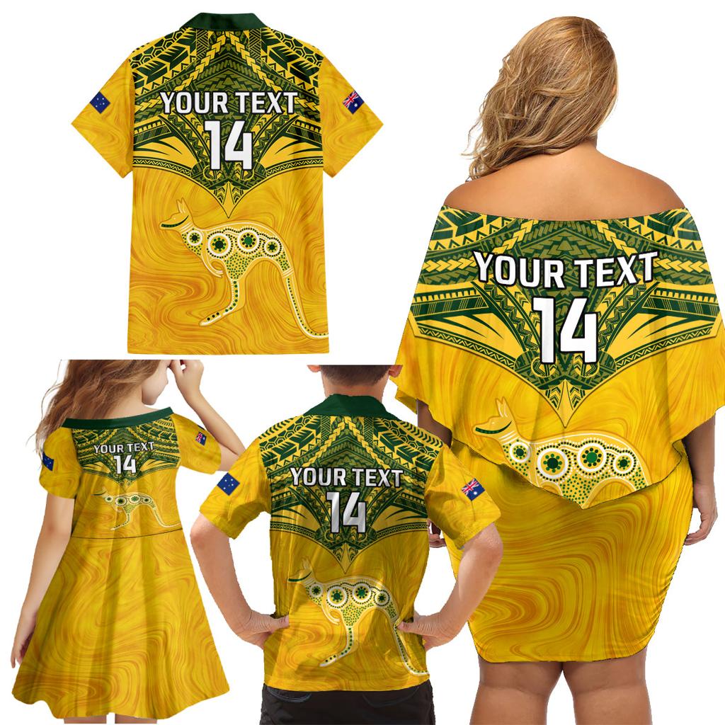 Custom Australia Matildas Family Matching Off Shoulder Short Dress and Hawaiian Shirt Polynesian Mix Gold Marble