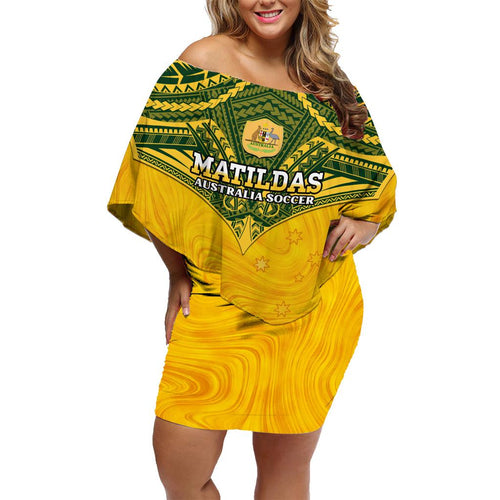Custom Australia Matildas Family Matching Off Shoulder Short Dress and Hawaiian Shirt Polynesian Mix Gold Marble