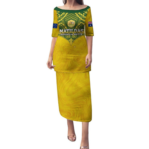 Custom Australia Matildas Family Matching Puletasi and Hawaiian Shirt Polynesian Mix Gold Marble
