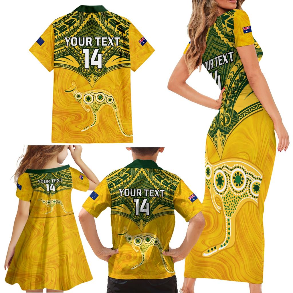 Custom Australia Matildas Family Matching Short Sleeve Bodycon Dress and Hawaiian Shirt Polynesian Mix Gold Marble