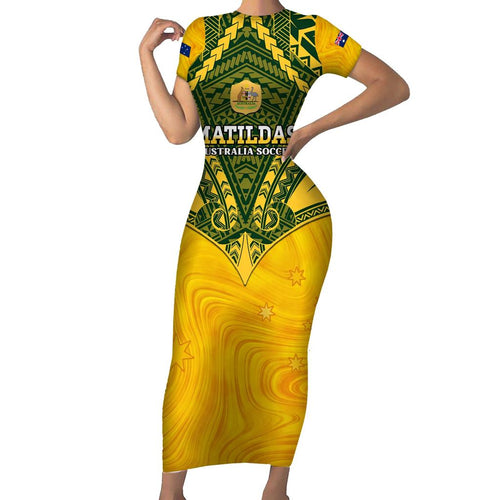 Custom Australia Matildas Family Matching Short Sleeve Bodycon Dress and Hawaiian Shirt Polynesian Mix Gold Marble