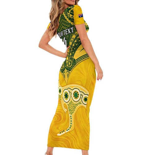 Custom Australia Matildas Family Matching Short Sleeve Bodycon Dress and Hawaiian Shirt Polynesian Mix Gold Marble