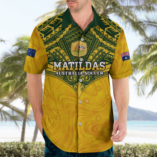 Custom Australia Matildas Hawaiian Shirt Polynesian Mix Gold Marble