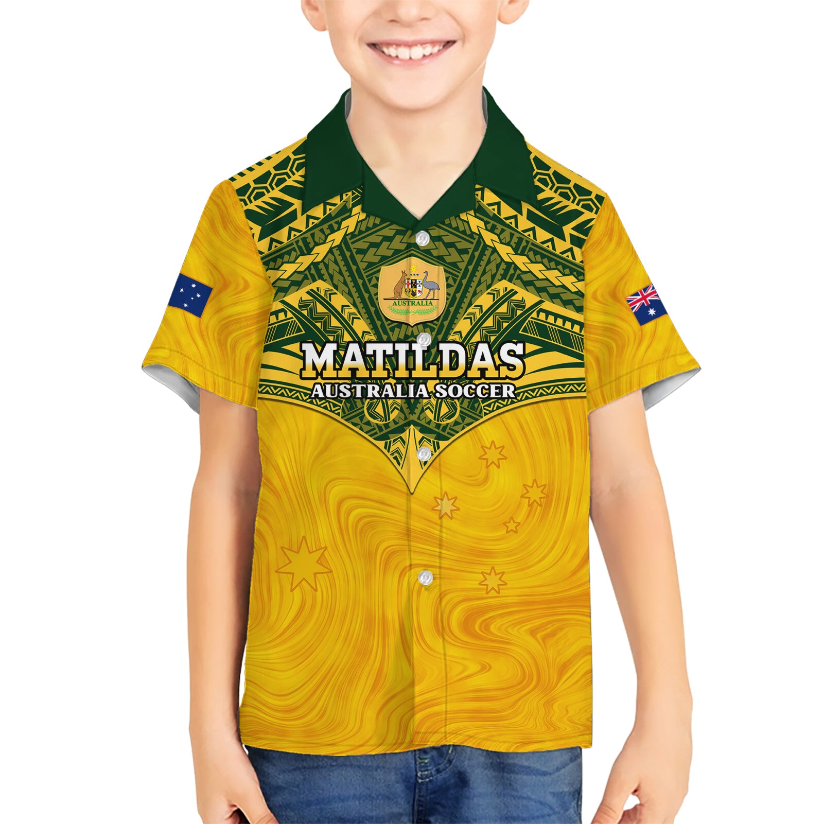 Custom Australia Matildas Kid Hawaiian Shirt Polynesian Mix Gold Marble