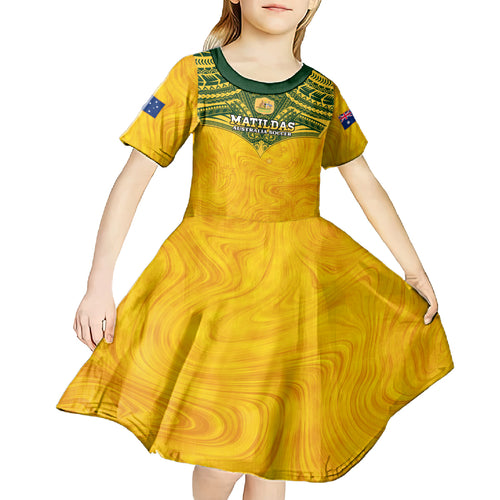 Custom Australia Matildas Kid Short Sleeve Dress Polynesian Mix Gold Marble