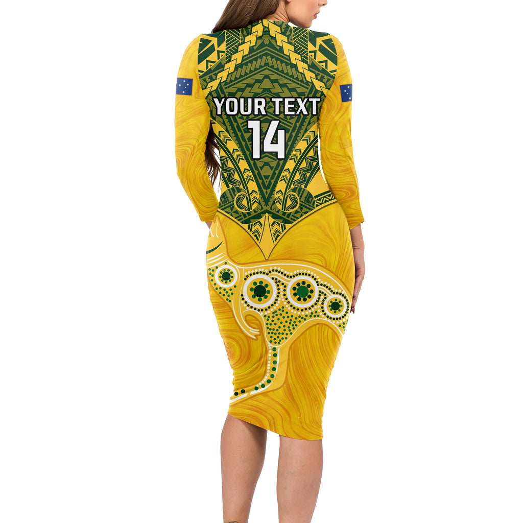 Custom Australia Matildas Long Sleeve Bodycon Dress Polynesian Mix Gold Marble