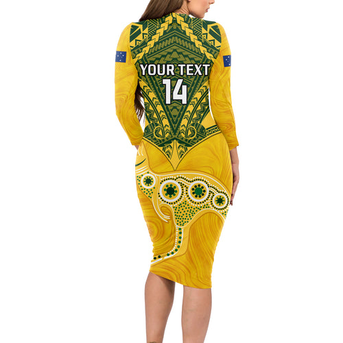 Custom Australia Matildas Long Sleeve Bodycon Dress Polynesian Mix Gold Marble