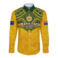 Custom Australia Matildas Long Sleeve Button Shirt Polynesian Mix Gold Marble