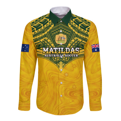 Custom Australia Matildas Long Sleeve Button Shirt Polynesian Mix Gold Marble