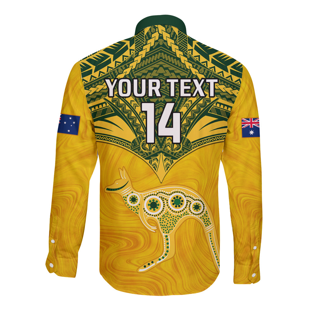 Custom Australia Matildas Long Sleeve Button Shirt Polynesian Mix Gold Marble