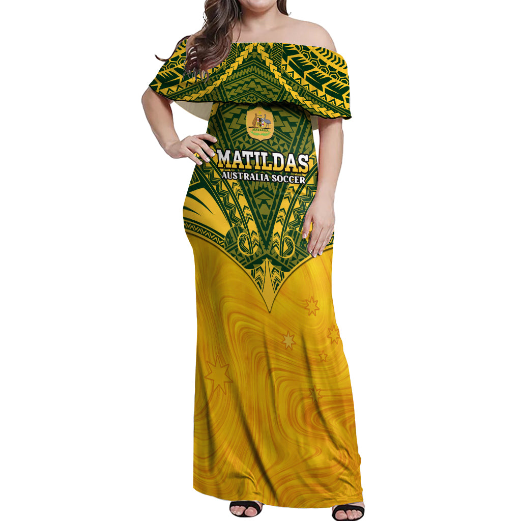 Custom Australia Matildas Off Shoulder Maxi Dress Polynesian Mix Gold Marble