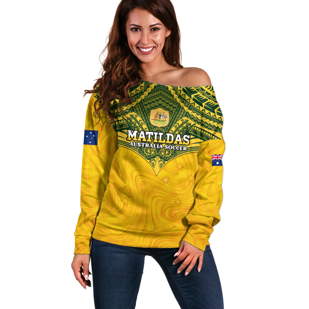 Custom Australia Matildas Off Shoulder Sweater Polynesian Mix Gold Marble