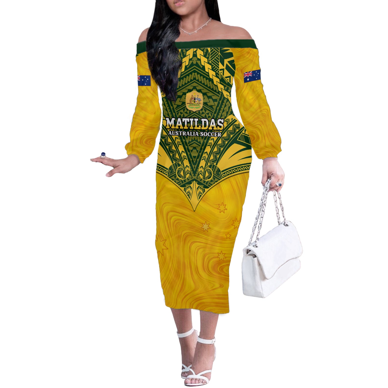 Custom Australia Matildas Off The Shoulder Long Sleeve Dress Polynesian Mix Gold Marble