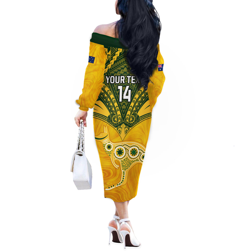 Custom Australia Matildas Off The Shoulder Long Sleeve Dress Polynesian Mix Gold Marble