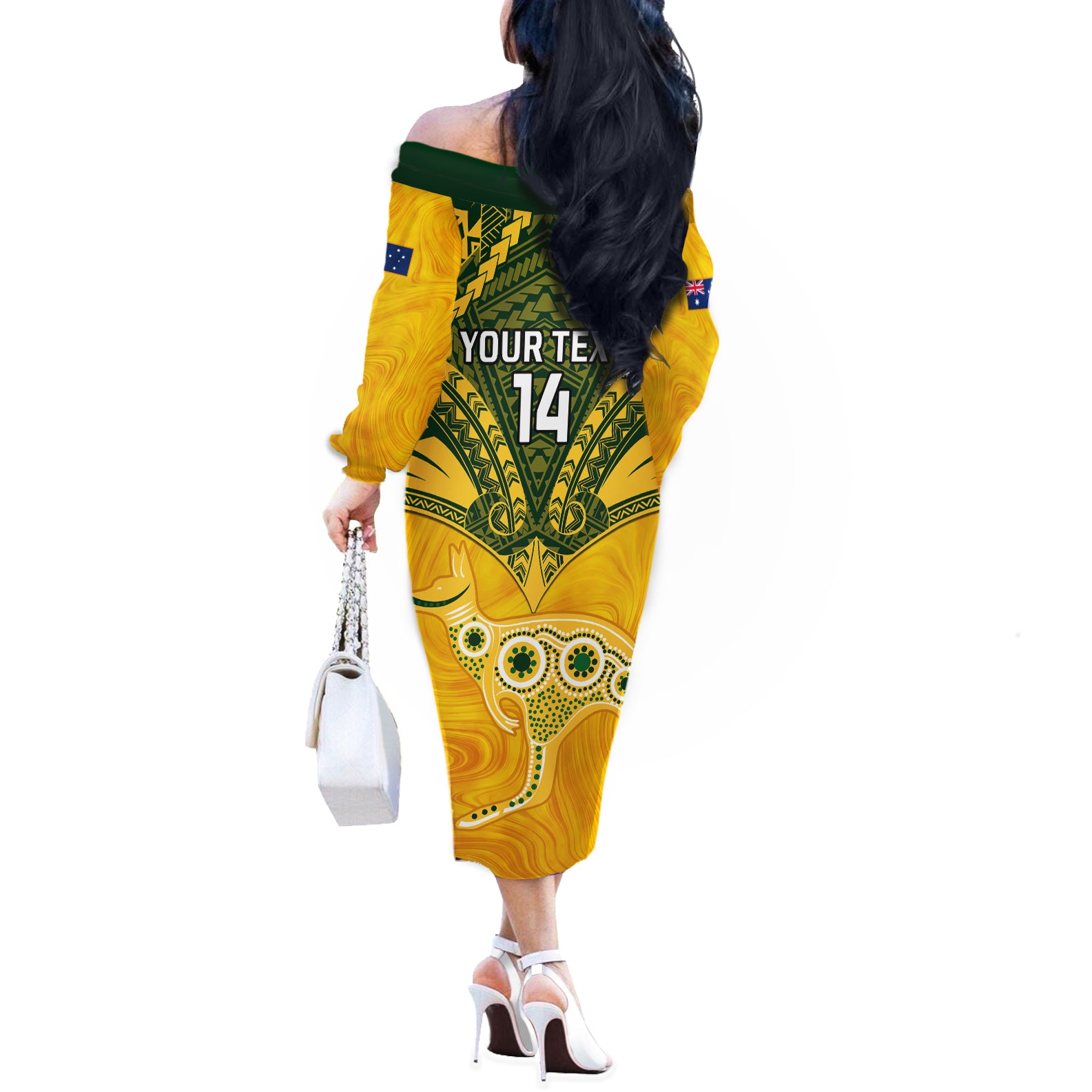 Custom Australia Matildas Off The Shoulder Long Sleeve Dress Polynesian Mix Gold Marble