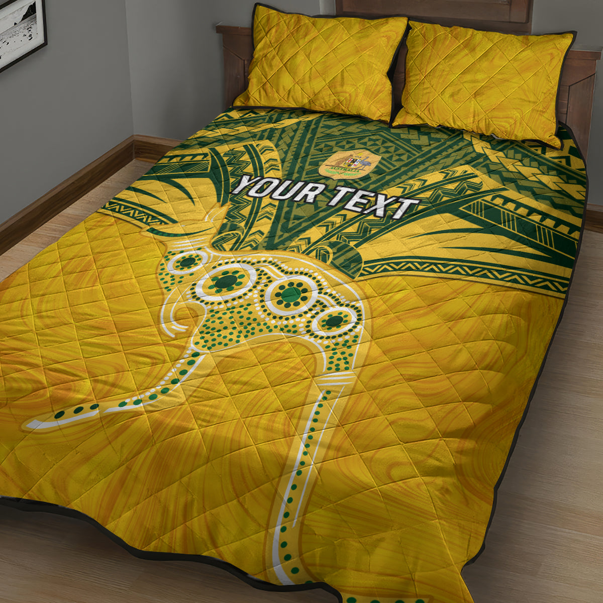 Custom Australia Matildas Quilt Bed Set Polynesian Mix Gold Marble