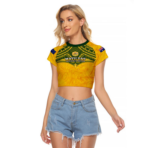 Custom Australia Matildas Raglan Cropped T Shirt Polynesian Mix Gold Marble