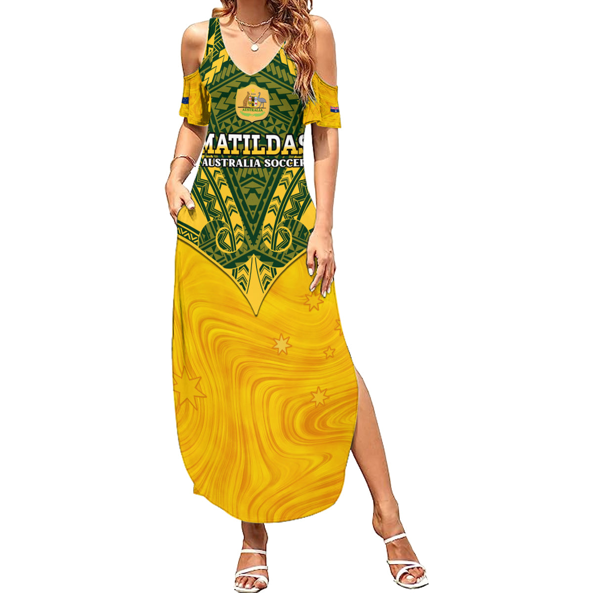 Custom Australia Matildas Summer Maxi Dress Polynesian Mix Gold Marble