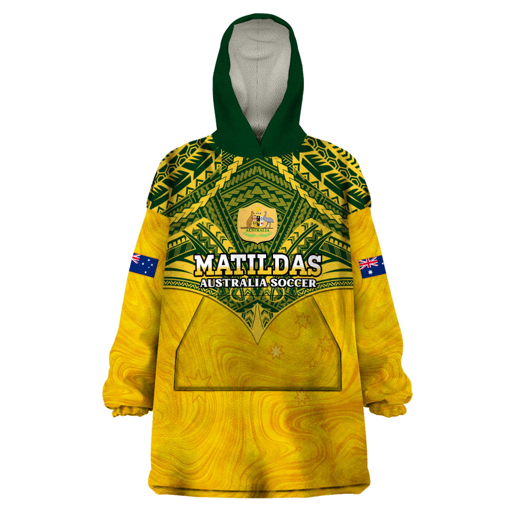Custom Australia Matildas Wearable Blanket Hoodie Polynesian Mix Gold Marble