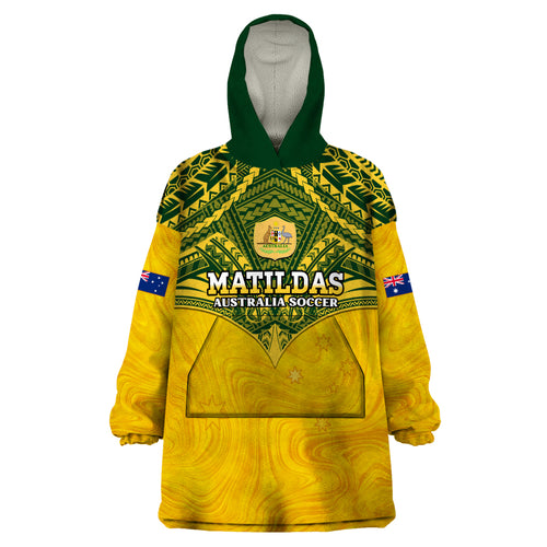 Custom Australia Matildas Wearable Blanket Hoodie Polynesian Mix Gold Marble