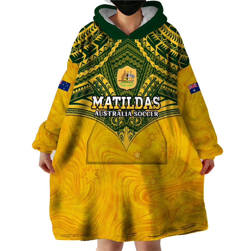 Custom Australia Matildas Wearable Blanket Hoodie Polynesian Mix Gold Marble