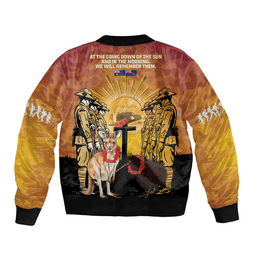 Australia And New Zealand ANZAC Sleeve Zip Bomber Jacket Aussie Kangaroo With Aotearoa Kiwi Lest We Forget