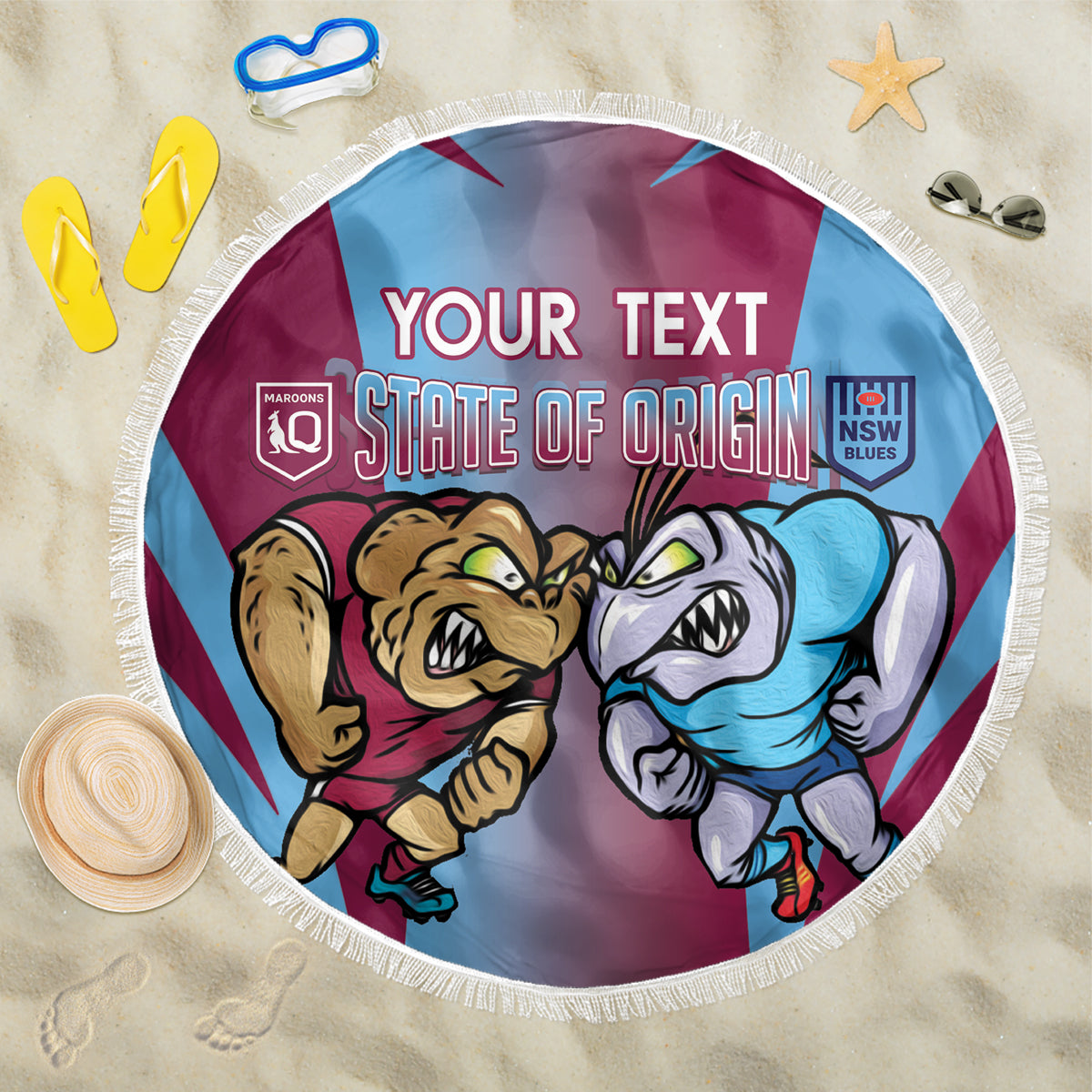 Custom NSW Blues And QLD Maroons Rugby Beach Blanket 2024 Cockroaches Cane toads Together