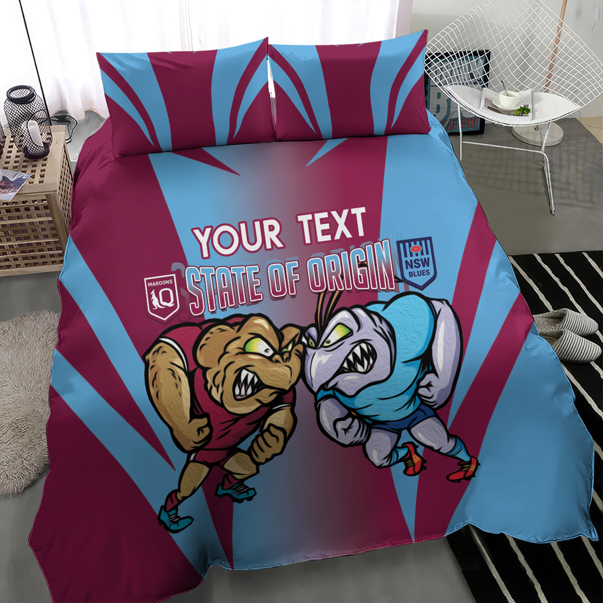 Custom NSW Blues And QLD Maroons Rugby Bedding Set 2024 Cockroaches Cane toads Together