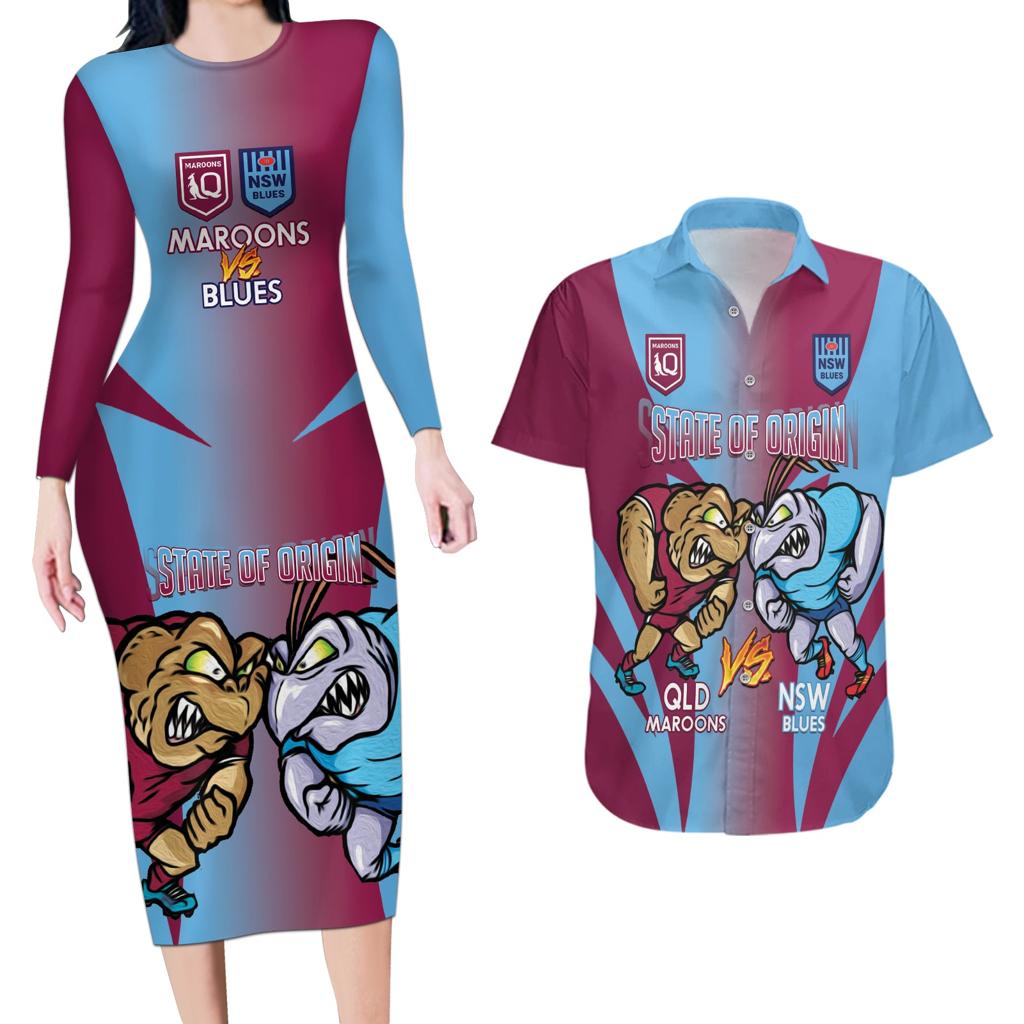 Custom NSW Blues And QLD Maroons Rugby Couples Matching Long Sleeve Bodycon Dress and Hawaiian Shirt 2024 Cockroaches Cane toads Together